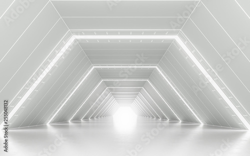 Illuminated corridor interior design. 3D rendering