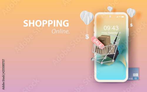 Paper art of smartphone for online shopping your text space background, Shopping Cart Floating on mobile phone concept,Balloon by dollar money on pastel color,Shopping via the internet shop.vector.