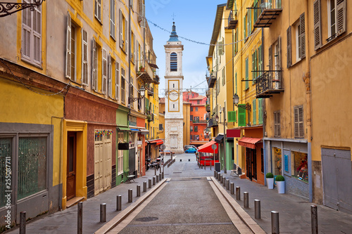 Town of Nice colorful street architecture and church view