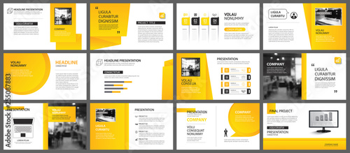 Presentation and slide layout template. Design yellow and orange gradient in paper shape background. Use for business annual report, flyer, marketing, leaflet, advertising, brochure, modern style.