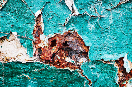 Background metal corrosion and cracking, scattering, corrosive, rusty pieces, green paint rusting closeup.