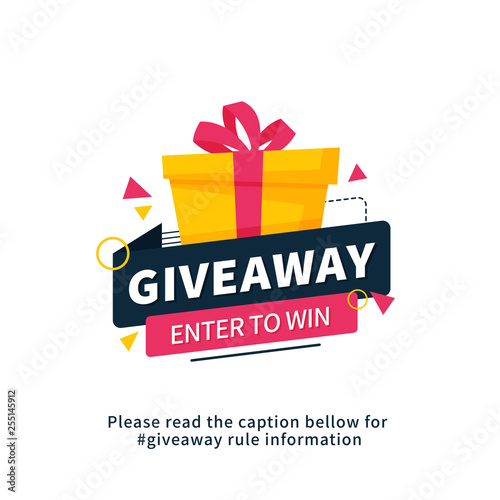 Giveaway enter to win poster template design for social media post or website banner. Gift box vector illustration with modern typography text style.