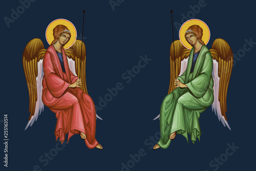 Two panted archangels in cloths. Illustration - fresco in Byzantine style.