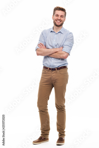 Full length portrait of young man standing on white background