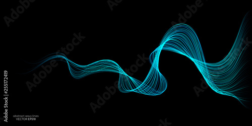 Abstract vector wave lines flowing blue green isolated on black background. in concept of AI technology, science, neural.