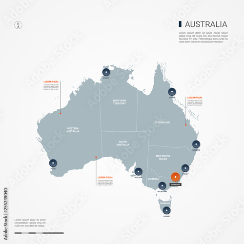 Australia map with borders, cities, capital Canberra and administrative divisions. Infographic vector map. Editable layers clearly labeled.