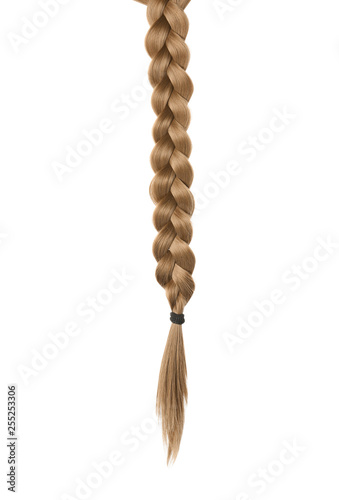 Beautiful long braid on white background. Healthy hair