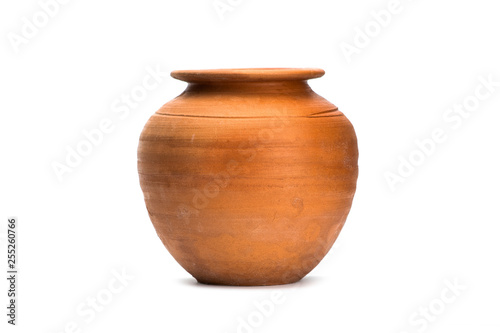 Antique brown clay pot isolated on white background.