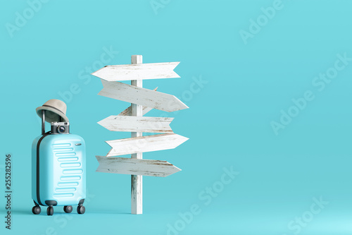 Blue suitcase and hat, camera with signpost on pastel blue background. travel concept. 3d rendering