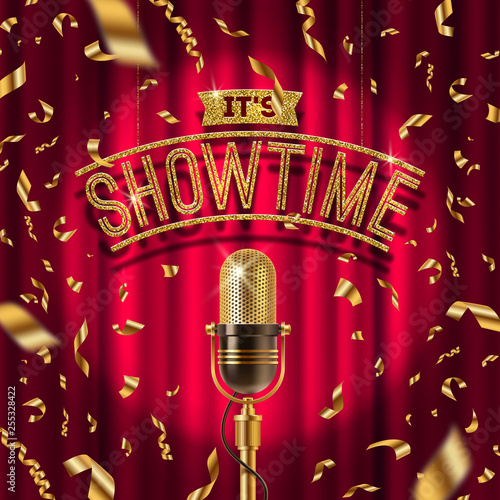 Vector illustration - "It's Showtime" golden signboard and Retro microphone on stage in spotlight against the background of red curtain and golden confetti.