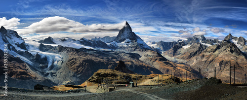 Amazing View of the panorama mountain range near the Matterhorn in the Swiss Alps. Trek near Matterhorn mount.