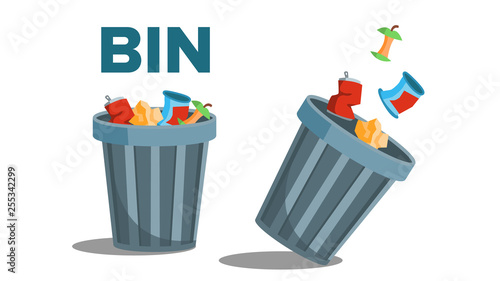 Bin Garbage Vector. Full Of Trash. Inverted. Isolated Flat Illustration
