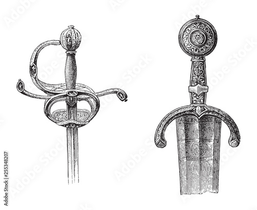 Rapier and sword / vintage illustration from Meyers Konversations-Lexikon 1897