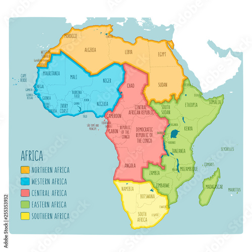 Colorful hand drawn political map of Africa with five regions