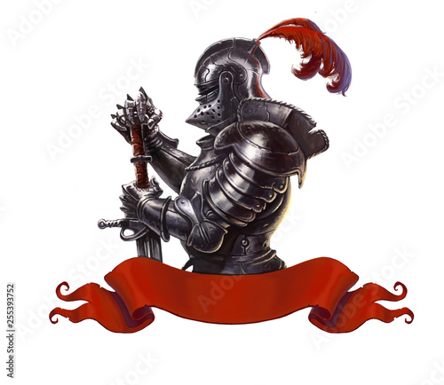 Medieval knight with long sword realistic isolated. Knight in a long red cloak and medieval armor and with a long sword.
