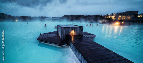 Reykjavik, Iceland - July 4, 2018: Beautiful geothermal spa pool in Blue Lagoon in Reykjavik. The Blue Lagoon geothermal spa is one of the most visited attractions in Iceland.
