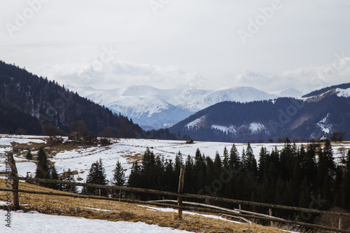 Spring vs winter landscape in the Carpathian mountains 