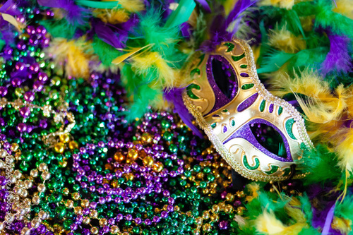 Mardi gras mask, beads and feathers background