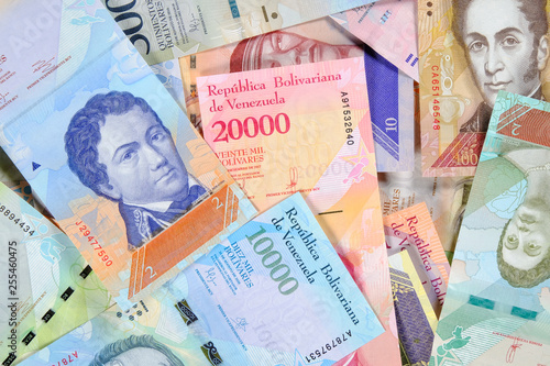 Venezuela bolivar banknotes, different value. Beautiful colorful obverse side bolivares close up background.