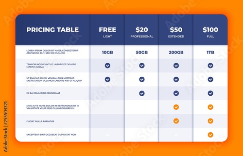 Comparison table. Price chart template, business plan pricing grid, web banner checklist design template. Vector compare price design list