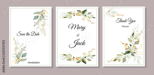 Set of cards with green and gold leaves. Decorative invitation to the holiday. Wedding, birthday. Universal card. Template for text. Vector illustration.