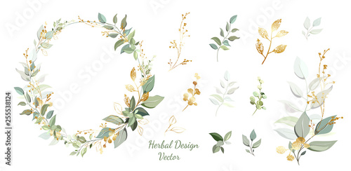 Wreath. Flower frame with gold and green leaves. Vector Invitation design. Set of leaves. Background to save the date.Greeting card.