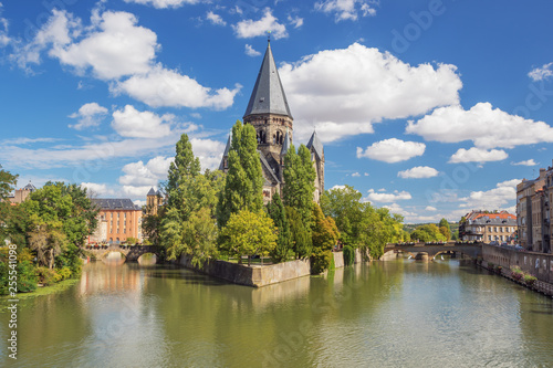 View of the Temple Neuf on its island in the Moselle. This is one of the Protestant churches in Metz