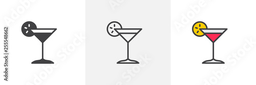 Margarita cocktail icon. Line, glyph and filled outline colorful version, Cocktail glass with lemon slice outline and filled vector sign. Bar symbol, logo illustration. Different style icons set. 