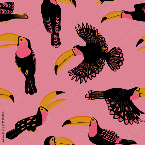Seamless Pattern With Funny Toucan Birds.