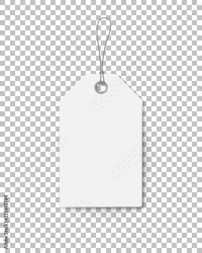 Realistic mock up price tag for sale campaign. White paper label template with corrugated texture isolated on transparent background. Production promotion and announcement vector illustration.