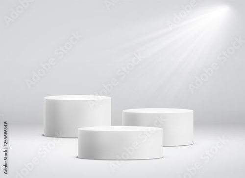 White cylinder template. 3d base stand podium or studio pedestal round platform showroom vector illustration