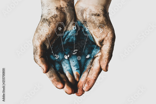 Hands of a child with dirty water. Epidemic, viruses, bacteria in water, diseases of dirty hands. Problems of environmental pollution ecology