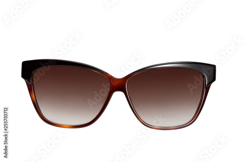 Stylish women's brown sunglasses on a white background. Front view. 