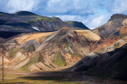 Beautiful colorful volcanic mountains Landmannalaugar in Iceland, summer time and sunny day. Magnificent and unforgettable Iceland. Northern Europe