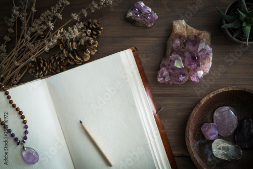 Open Journal or Notebook Surrounded by Amethyst Crystals Dried Lavender and Succulent Plant