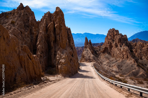 Argentina. The dust road of ruta 40 between Cachi and Cafayate. The road cuts through the quebrada de las Flechas in the Salta region. 