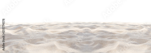 Sand beach texture isolated on white background. Mock up and copy space. Top view. Selective focus.