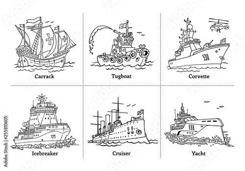 Vector illustration of doodle sketch outline boats with yacht, icebreaker, corvette, tugboat, carrack and cruiser Aurora. Coloring book with ships.