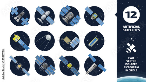 12 vector flat isolated color communication artificial satellite icon in circle space background with GPS tracking radar station, solar panel and dish.