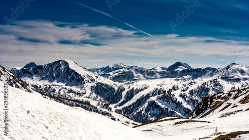 snowy mountains panorama in ski resort isola 2000, france