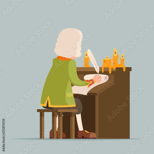 Back chronicler noble writer scribe playwright medieval aristocrat periwig pen music stand scroll candles mascot cartoon design vector illustration