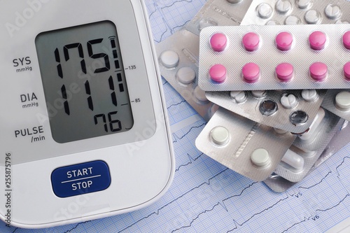 automatic blood pressure meter and pills on cardiogram graph background