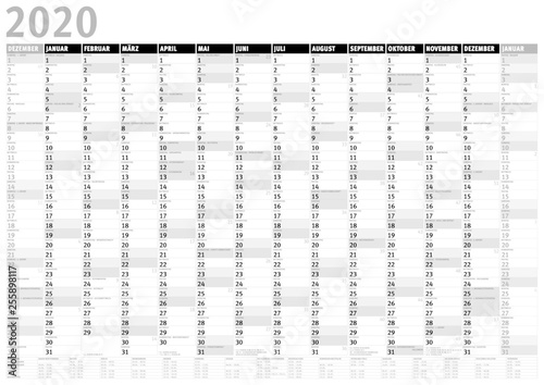 Kalender 2020 (Dezember 2019 bis Januar 2021) mit Ferien