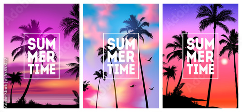 Summer tropical backgrounds set with palms, sky and sunset. Summer placard poster flyer invitation card. Summertime.