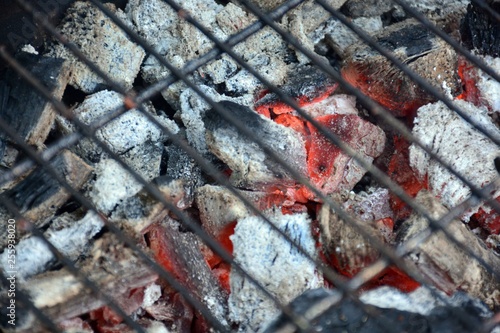 Brasas calentando parrillas de una barbacoa