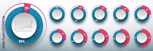 Pie chart set from 0 to 50/50 percents ready to use for web design, user interface (UI) or infographic. Two colors - rose and blue.