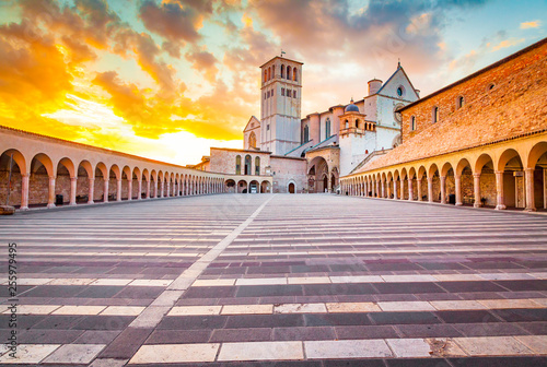Basilica of St. Francis of Assisi at sunset, Assisi, Umbria, Italy