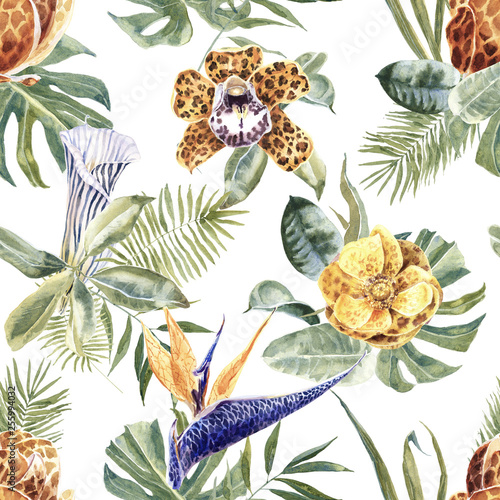 Tropical Seamless Pattern with Exotic Flowers with Animal Print and Palm Leaves