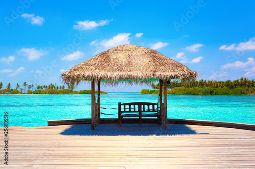 summer hot caribbean maldives vacation beach background - view on the azure blue tropical exotic sea with wood bridge and loungers and house on island with palms pier