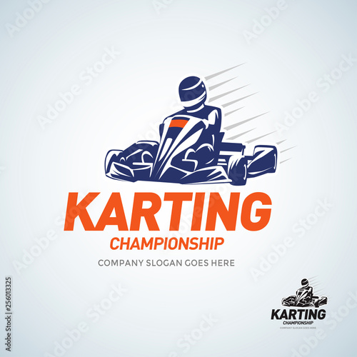 Karting Club Racing Competition Black And White Logo Design Template With Rider In Kart Silhouett. Kart racing winner, logo illustration on a white background